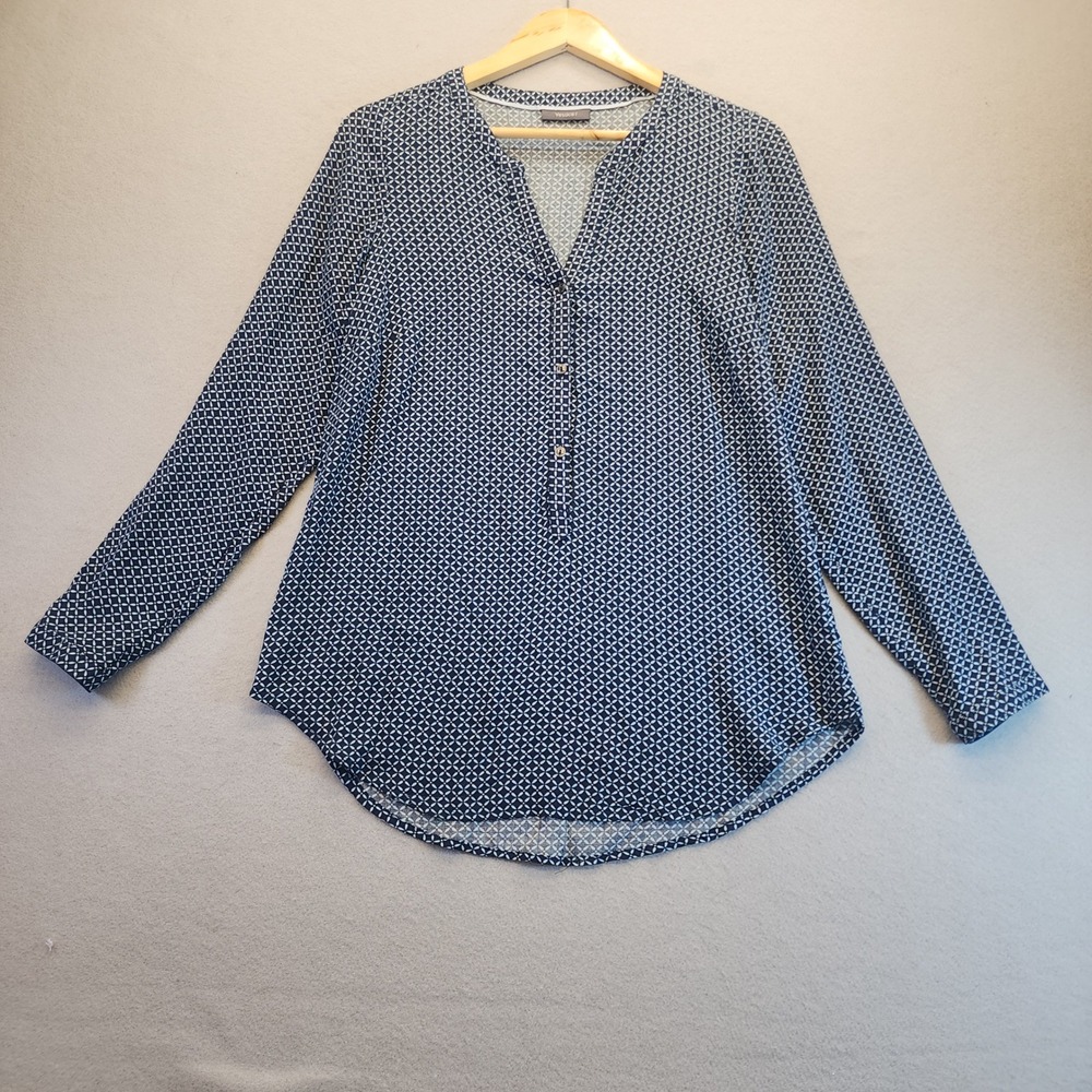 Yessica C&A Navy Geometric Print Roll Tab Sleeve Viscose Blouse Top Womens 38/40